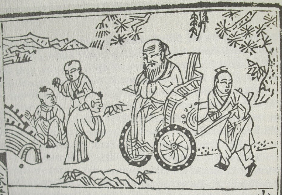 A kerekesszékben ülő Konfuciusz és egy gyermek beszélget